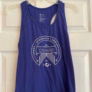 Oiselle racerback tank blue with white logo sz Med polyester/spandex material
